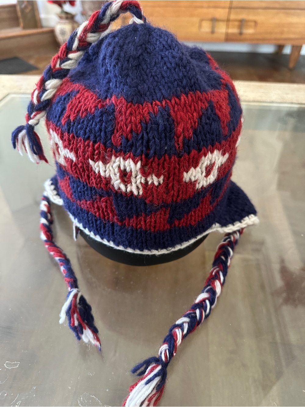 Kids Knit Earflap Beanie Hat - Navy, Red & White